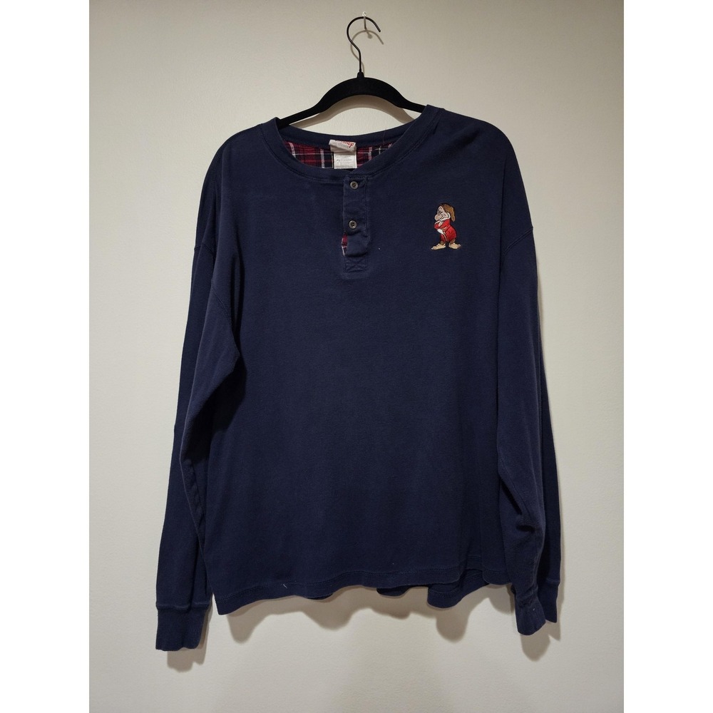 Disney‎ Grumpy Shirt Mens XL Blue Henley Long Sleeve Embroidered Tee T-Shirt